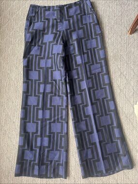 Trina Turk Blue and Black Geometric Wide-Leg Pants